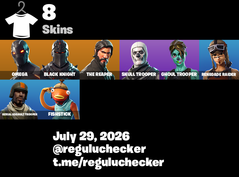 A verified Fortnite locker render produced by Regulu Skinchecker